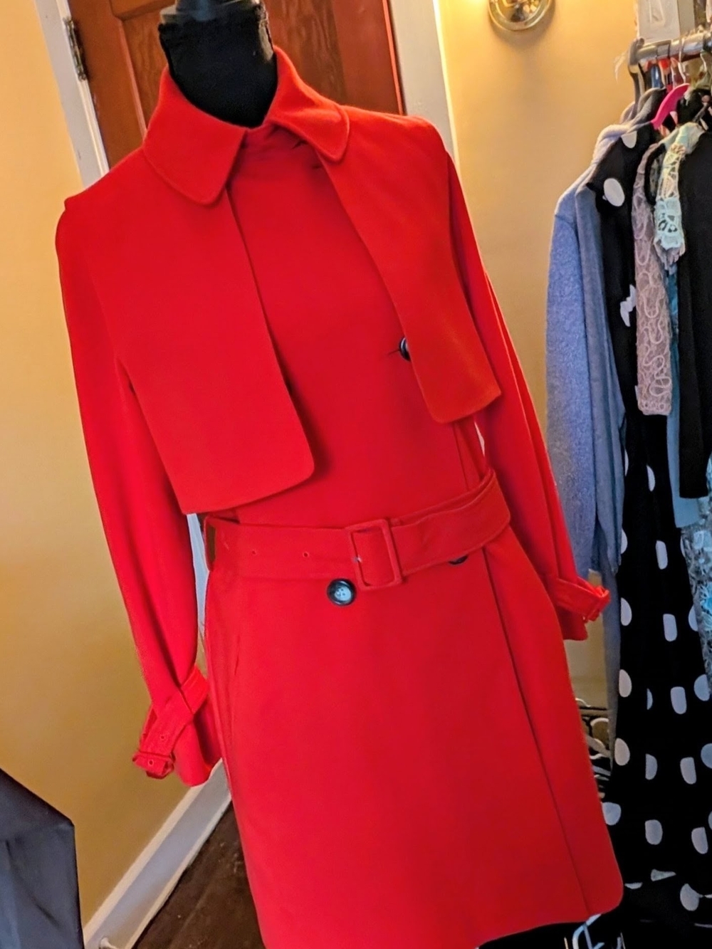 Topshop Red Double-Breasted Pea Coat with Capelet And Belt - Picture 4 of 11